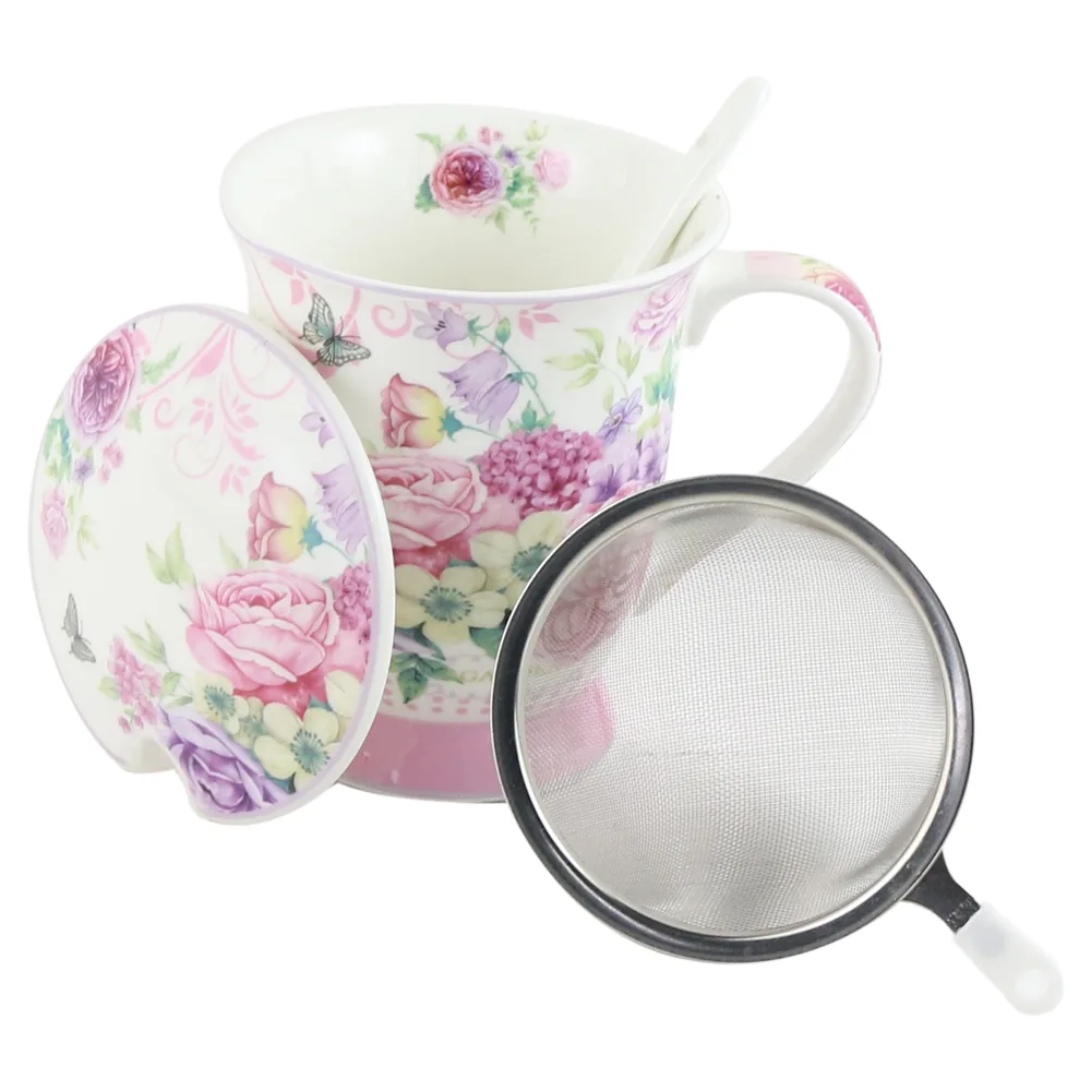 Cana ceramica cu infuzor metalic, capac si lingurita 300 ml, Flori colorate