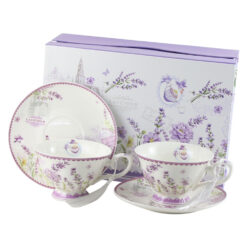 Set 2 cesti din ceramica cu farfurioare, 150 ml, Lavender&Flowers, in cutie decorativa