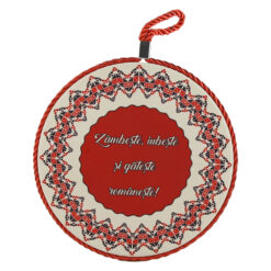 Decor de perete rotund din ceramica "Zambeste, iubeste si gateste romaneste!" 17 cm