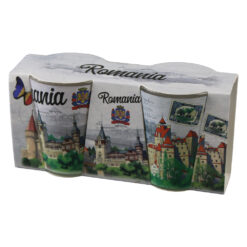 Set 2 pahare tarie din sticla "Romania" Castelul Peles / Hunedoara / Bran