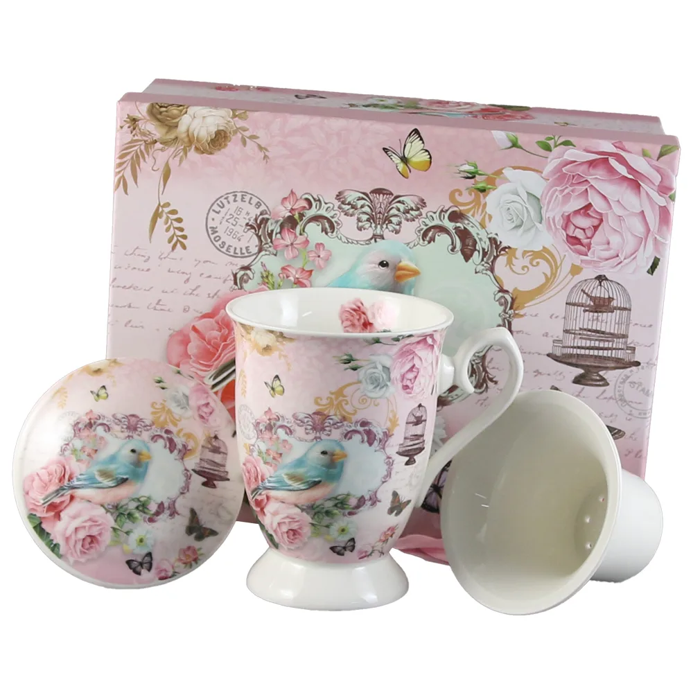 Cana ceramica cu infuzor si capac, 300 ml, Pasare, in cutie cadou