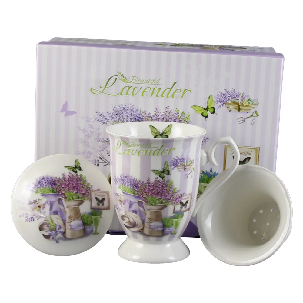 Cana ceramica cu infuzor si capac, 300 ml, "Beautiful Lavender", in cutie cadou