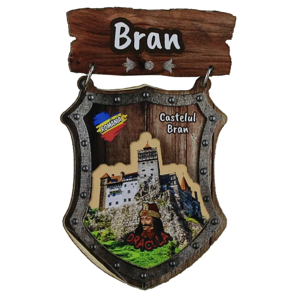 Magnet frigider din lemn "Castelul Bran" 5 x 9 cm, Scut, Romania