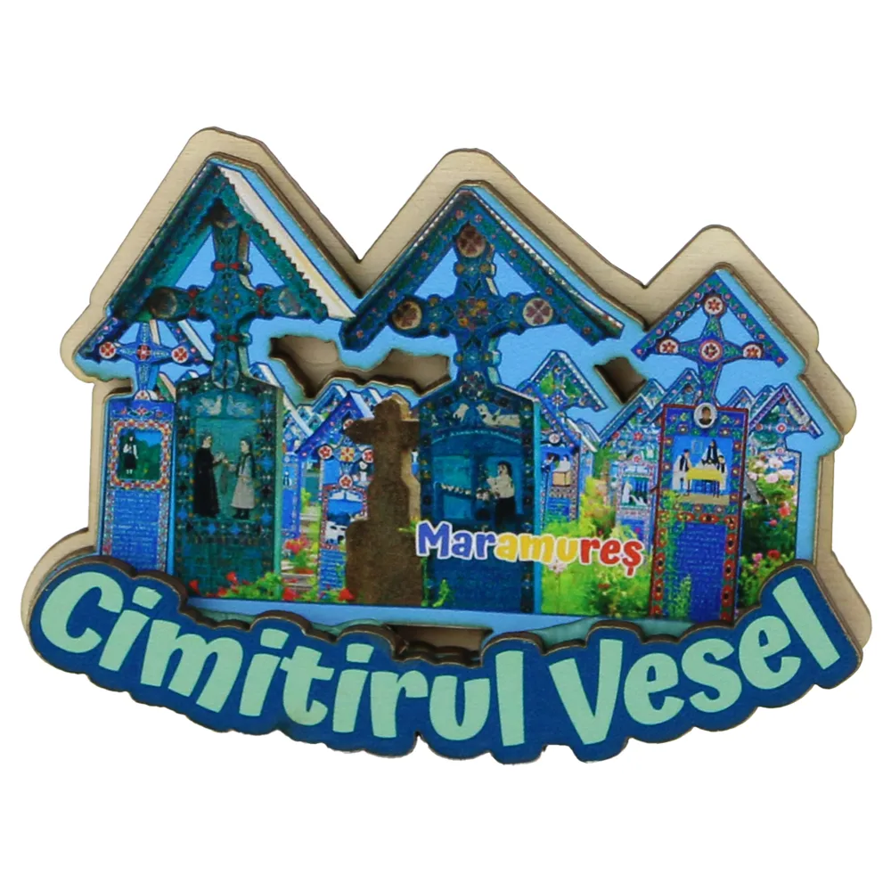Magnet de frigider din lemn Maramures 9 x 6 cm, Cimitirul Vesel