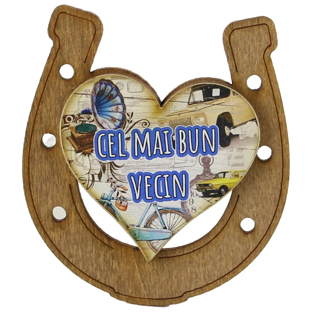 Magnet frigider din lemn "Cel mai bun Vecin" 7x8 CM, Potcoava