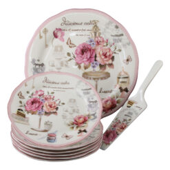 Set de tort 8 piese platou cu 6 farfurii si o spatula Delicious Cake wonderful memories 27 / 19 cm