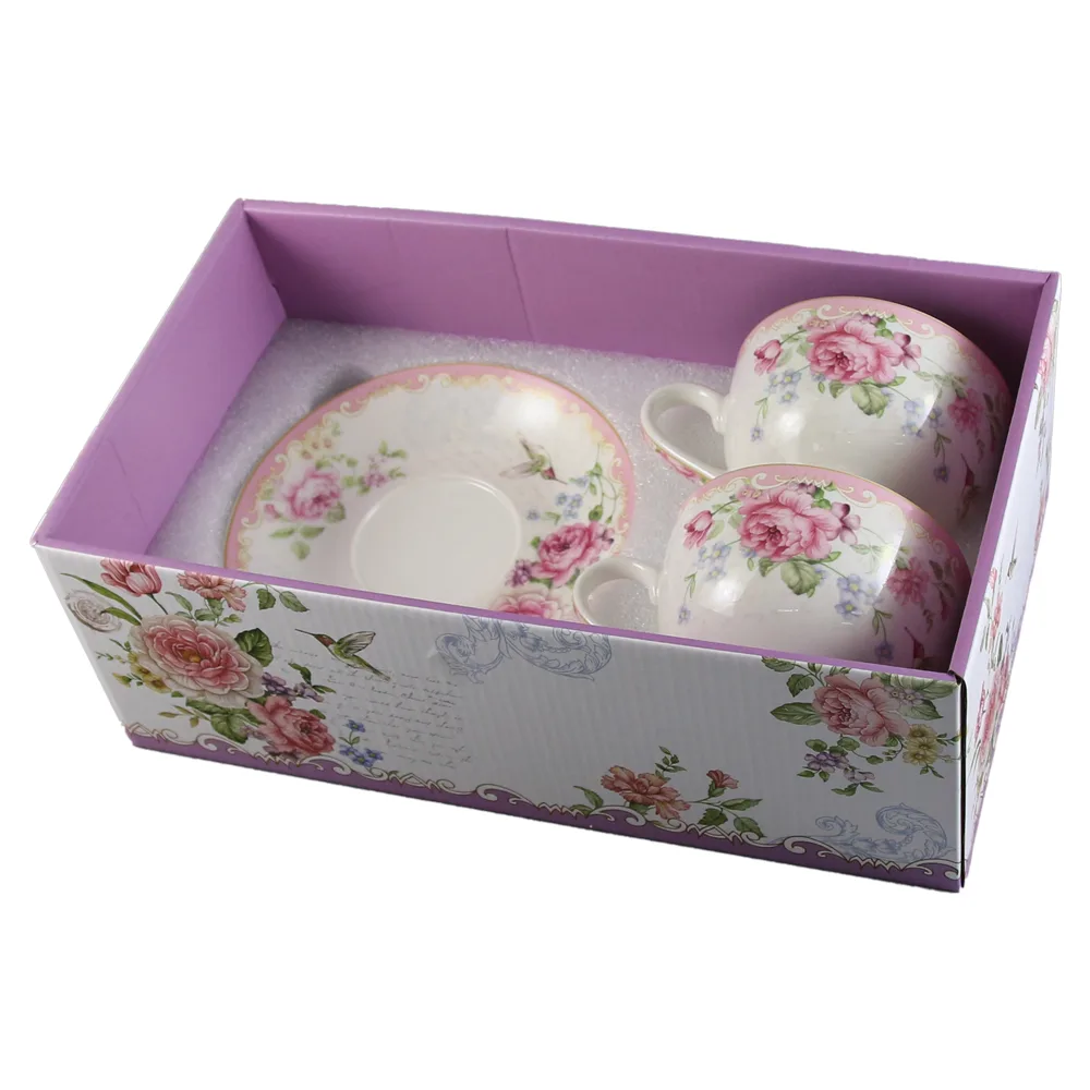 Set 2 cesti din ceramica cu farfurii, 150 ml, Flori roz, in cutie cadou - imagine 2