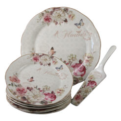 Set de tort 8 piese platou cu 6 farfurii si spatula Flower 27 / 19 cm