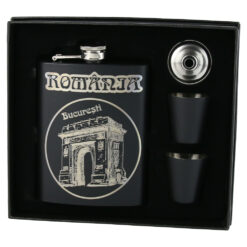 Set cadou Arcul de Triumf, Bucuresti, Romania cu plosca gravata 220 ml, palnie si 2 pahare