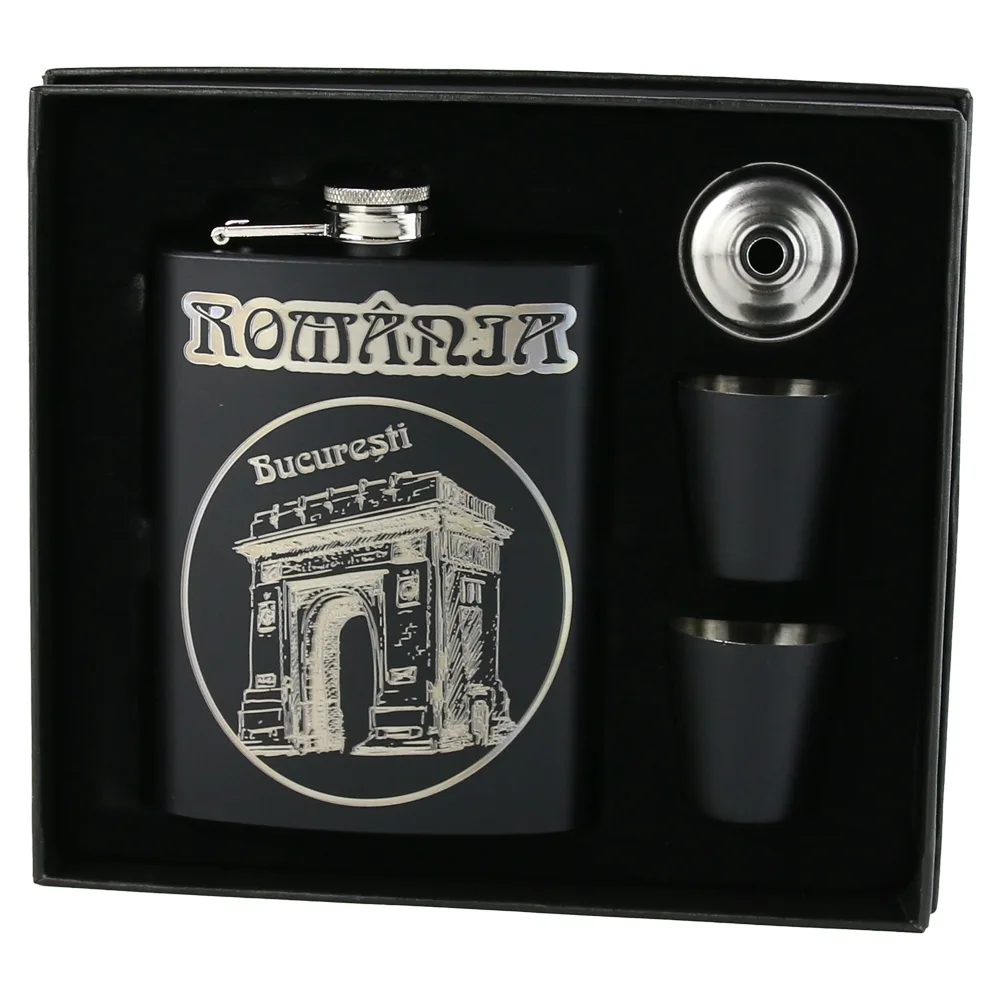 Set cadou Arcul de Triumf, Bucuresti, Romania cu plosca gravata 220 ml, palnie si 2 pahare