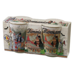 Set 2 pahare tarie din sticla "Romania" Castele / Cuplu in port traditional