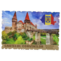 Magnet de frigider din lemn Castelul Corvinilor, Hunedoara, Romania 9 x 6 cm