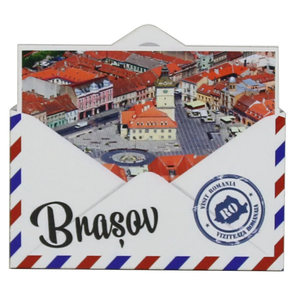 Magnet frigider din lemn "Romania" 9x8 CM, Brasov, plic