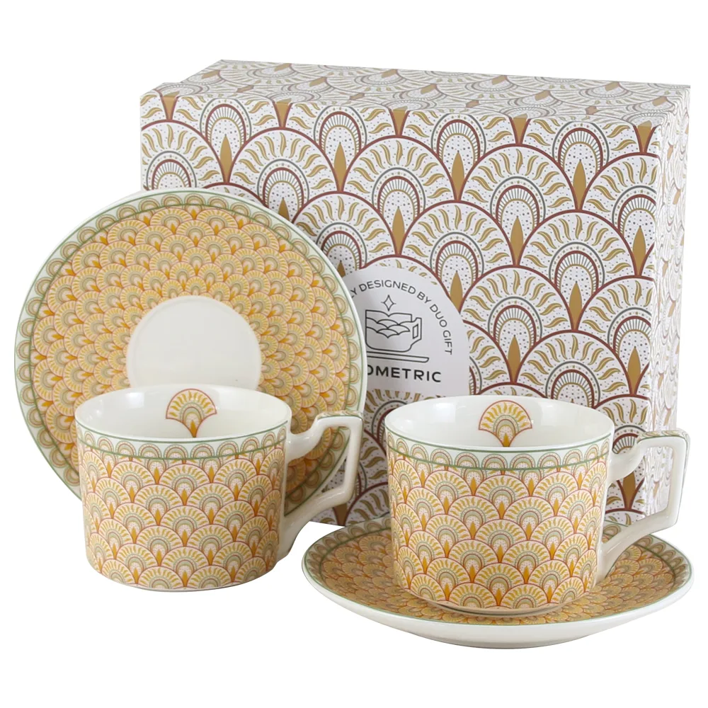 Set 2 cesti cu farfurii, din portelan "Solis", 250 ml, in cutie decorativa, Geometric