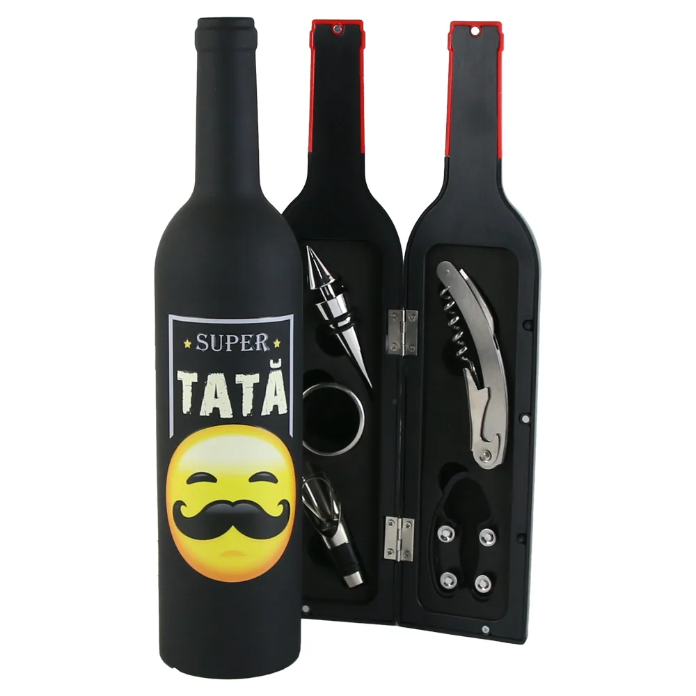 Set 5 accesorii de vin "Super Tata", in forma de sticla, 7x32 CM