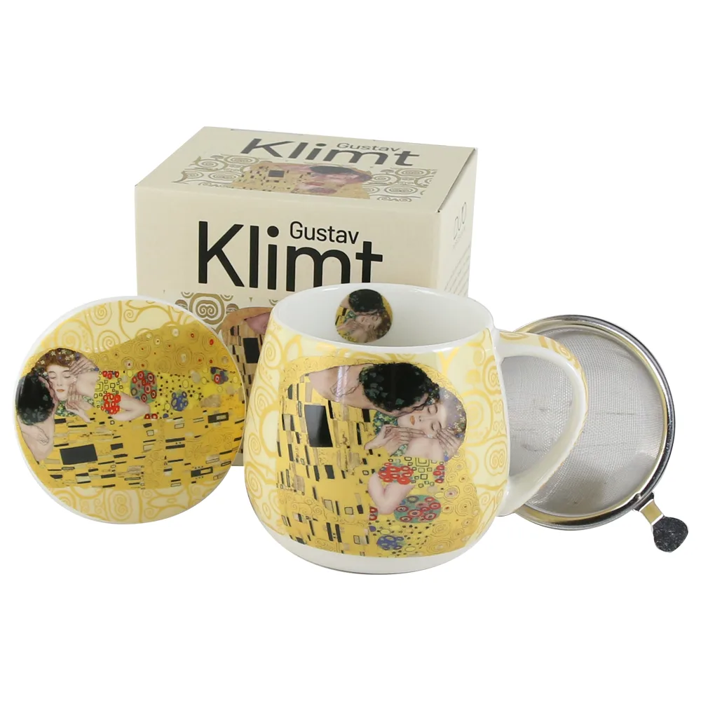Cana portelan cu infuzor metalic si capac 430 ml, "The Kiss" ecru de Gustav Klimt, in cutie decorativa