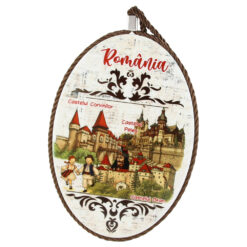 Decor perete oval din ceramica Romania 14 x 20 cm Castele si copii