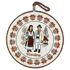 Decor perete rotund din ceramica Romania 17 cm Cuplu in port traditional
