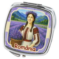Oglinda de buzunar metalica "Romania" Tarancuta cu lavanda, 6 x 7 cm