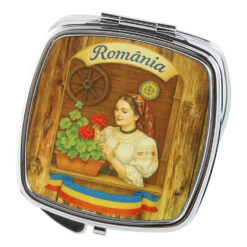 Oglinda de buzunar metalica "Romania" tarancuta cu muscata 6 x 7 cm