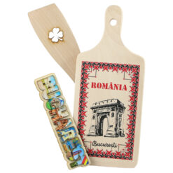 Set ustensile de bucatarie din lemn cu magnet de frigider Arcul de Triumf, Bucuresti, 3 piese