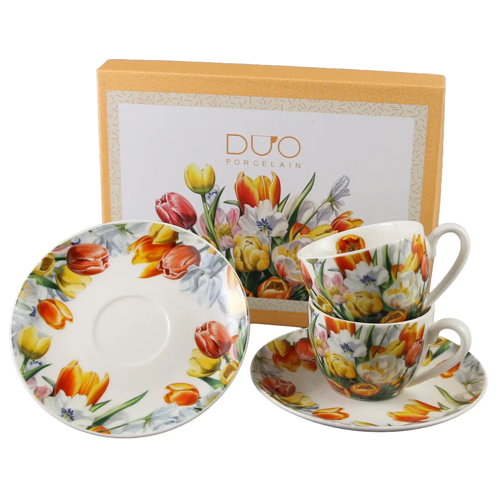 Set 2 cesti espresso cu farfurii din portelan 110 ml "Tulipany" in cutie decorativa - imagine 2