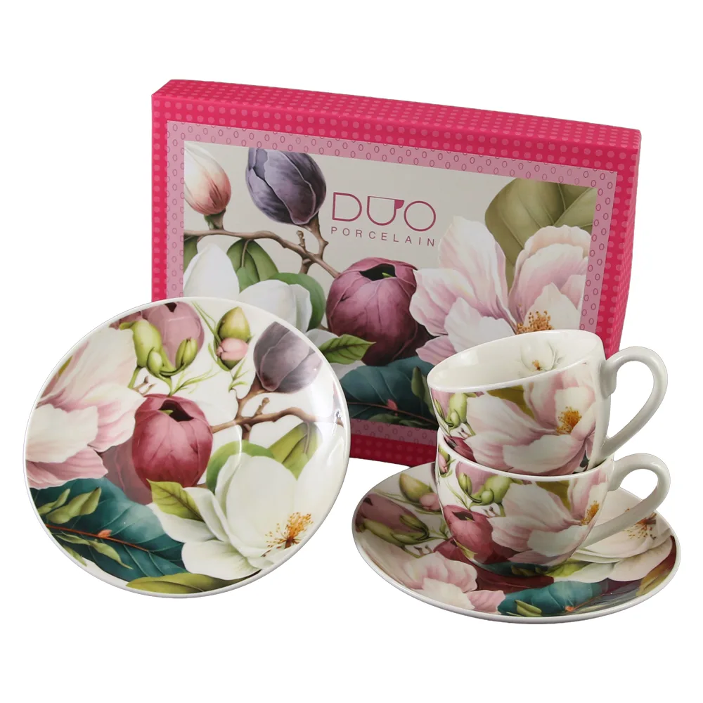 Set 2 cesti espresso cu farfurii din portelan 110 ml "Magnolie" in cutie decorativa - imagine 2