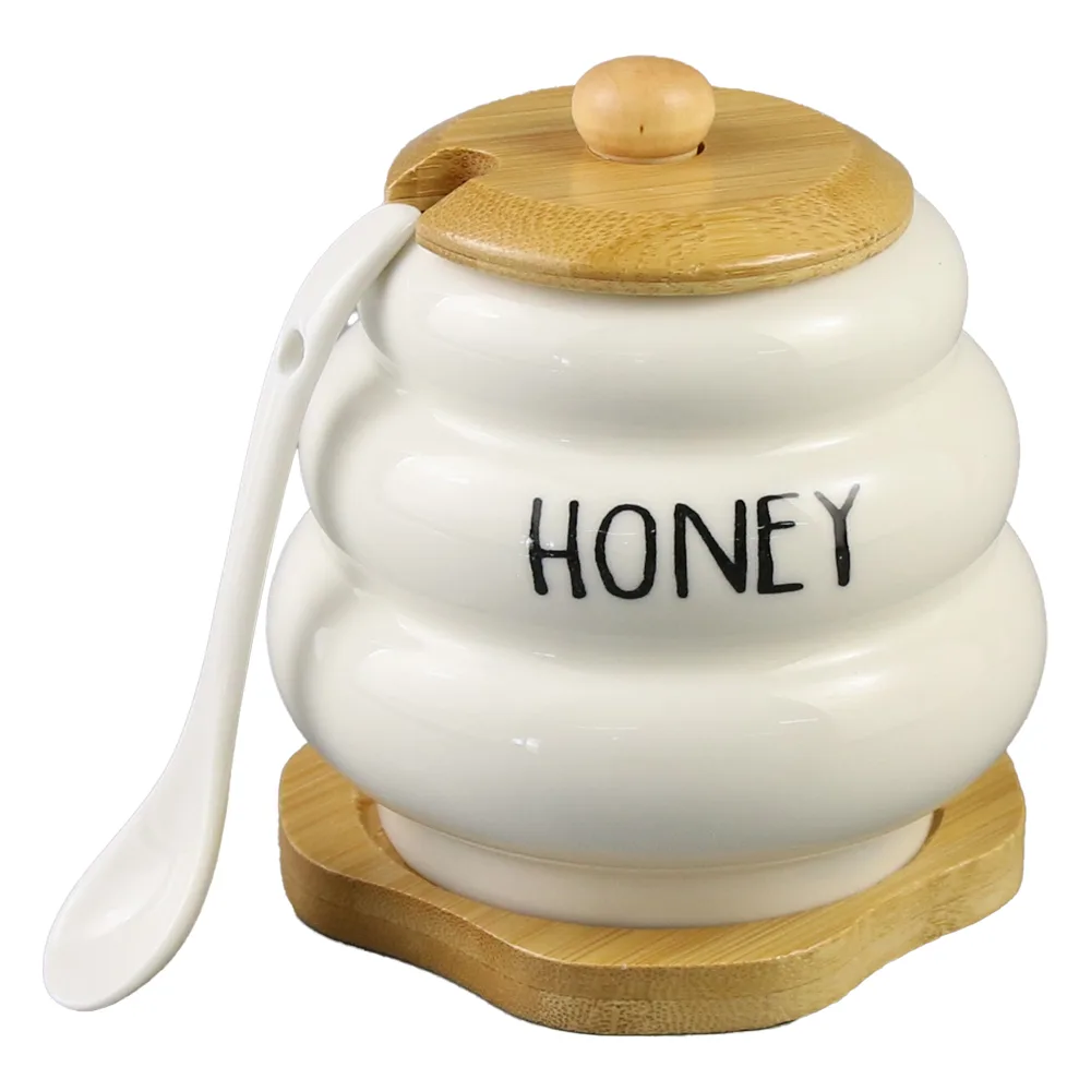 Recipient miere cu capac, lingurita si suport din bambus "Honey"
