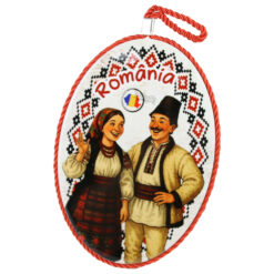 Decor perete oval din ceramica Romania 14 x 20 cm Cuplu in port popular