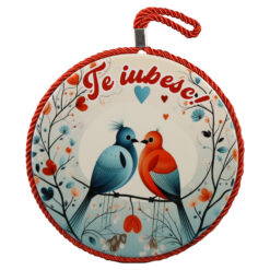 Decor de perete rotund din ceramica "Te iubesc!" 17 cm Pasari