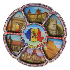 Magnet de frigider din lemn Romania 7.5 cm colaj cu Harta Romaniei
