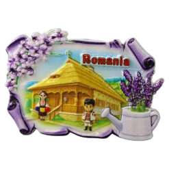 Magnet de frigider din rasina "Romania" 8.5 x 5.5 cm casa traditionala cu lavanda