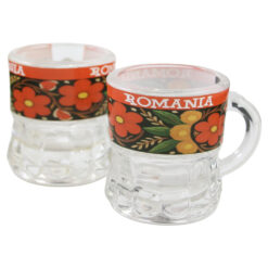 Pahar snaps din sticla cu maner "Romania" 4 x 5 cm flori colorate