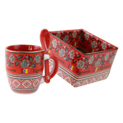 Cana din ceramica cu lingurita "Romania" 90 ml cu motive traditionale, in cutie decorativa