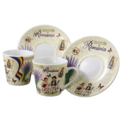 Set 2 cesti cafea cu farfurioare din ceramica "Romania" 70 ml copii cu lavanda