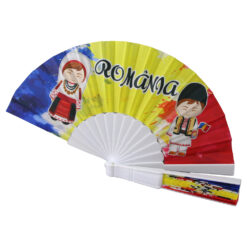 Evantai suvenir "Romania" 23 cm din poliester si plastic Tricolor cu copii