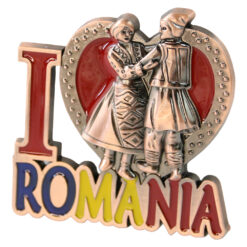 Magnet de frigider metalic "I love Romania" 6 x 6.5 cm cuplu cu inimioara