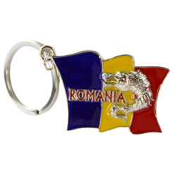 Breloc metalic "Romania" 3.5 x 8 cm Lupul Dacic tricolor