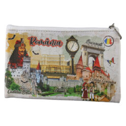Breloc tip gentuta suvenir Romania cu fermoar 17 x 10.5 cm Bucuresti / Castelul Bran / Castelul Corvinilor
