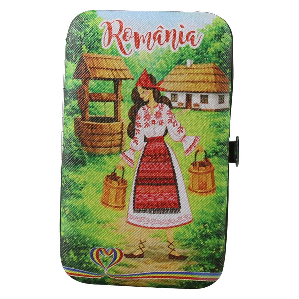 Set manichiura suvenir "Romania" Femeie la fantana 10 piese 7.5 x 12.5 cm
