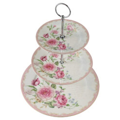 Platou etajat cu trei nivele din ceramica trandafiri roz 27 / 19 / 15.5 cm