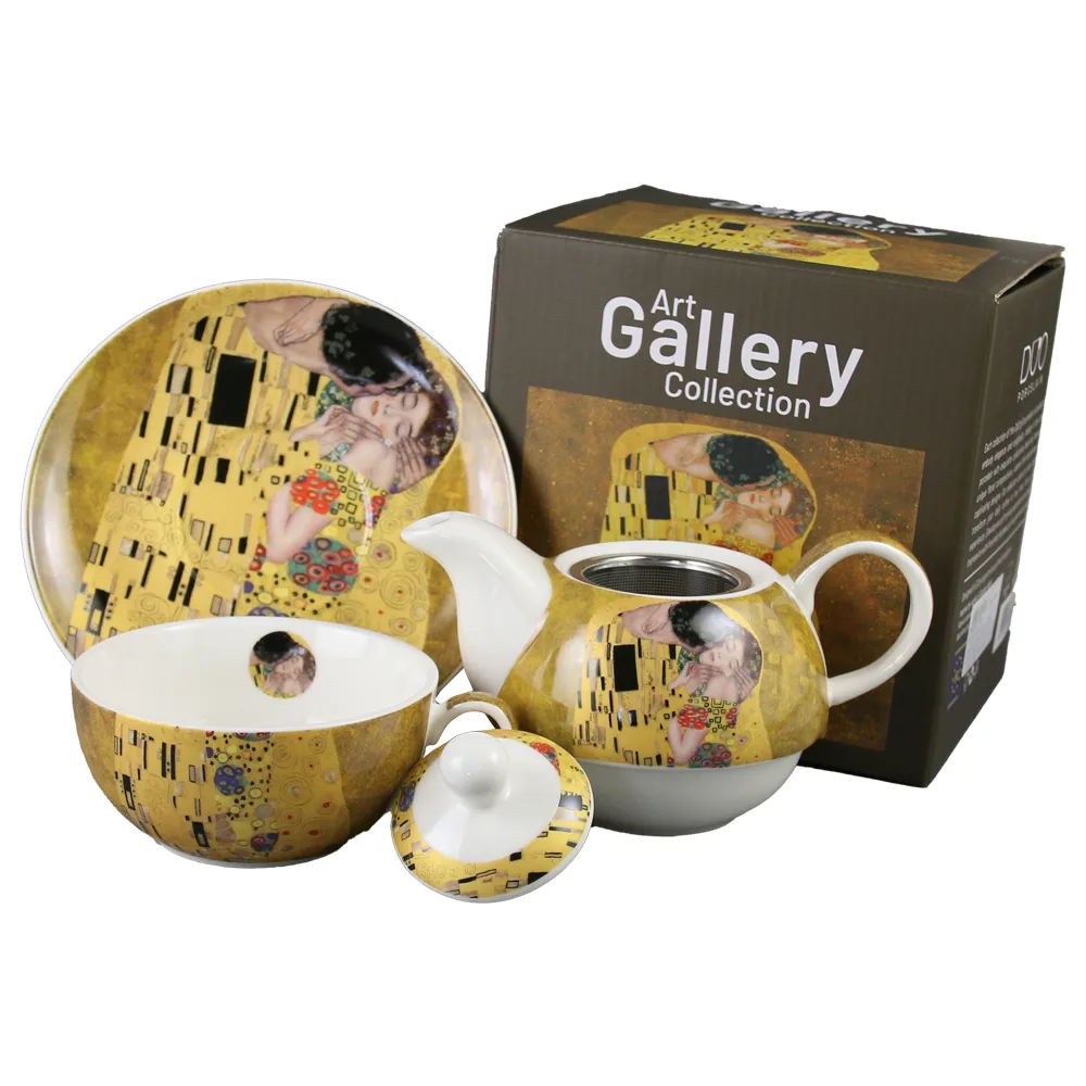 Set ceainic cu ceasca, farfurioara si infuzor metalic 350 ml/300 ml, "The Kiss" de Gustav Klimt, in cutie decorativa, classic - imagine 2