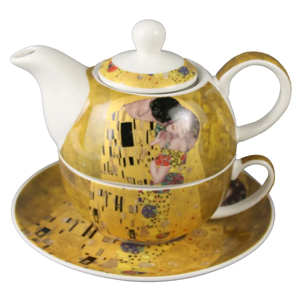 Set ceainic cu ceasca, farfurioara si infuzor metalic 350 ml/300 ml, "The Kiss" de Gustav Klimt, in cutie decorativa, classic - imagine 3