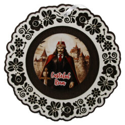 Decor de perete din lemn Castelul Bran 18.5 cm, Vlad Tepes cu sabie