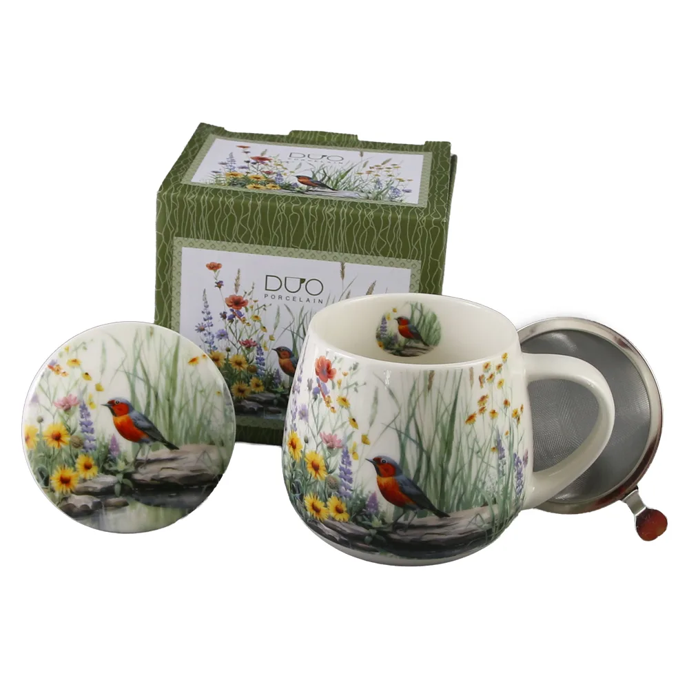Cana portelan cu infuzor metalic si capac 430 ml "July" in cutie decorativa