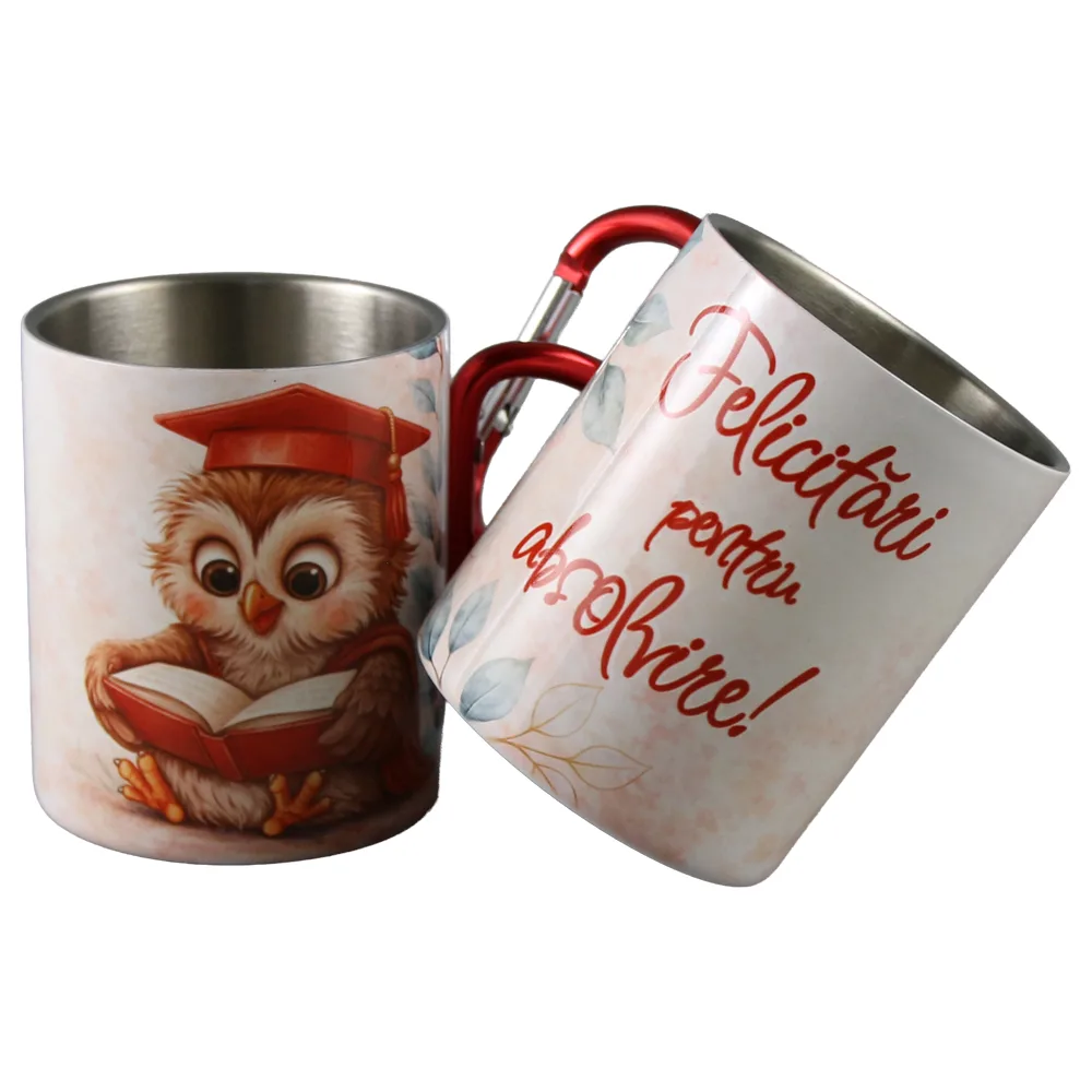 Cana metalica cu carabina "Felicitari pentru Absolvire!" 240 ml, Bufnita rosie - imagine 2