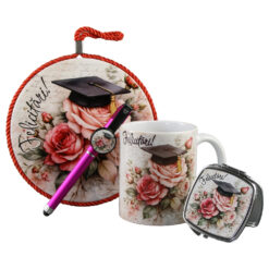 Set cadou absolvire "Felicitari!" - cana ceramica, oglinda, pix touchscreen si decor perete, cu punga cadou