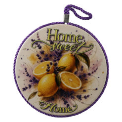 Decor de perete rotund din ceramica "Home Sweet Home" 17 cm cu lamai si lavanda
