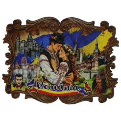Magnet de frigider din placaj Romania 8 x 6 cm cuplu si orase