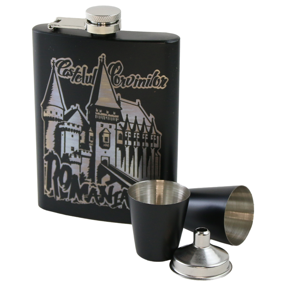 Set cadou Castelul Corvinilor cu plosca gravata 220 ml, palnie si 2 pahare, Romania
